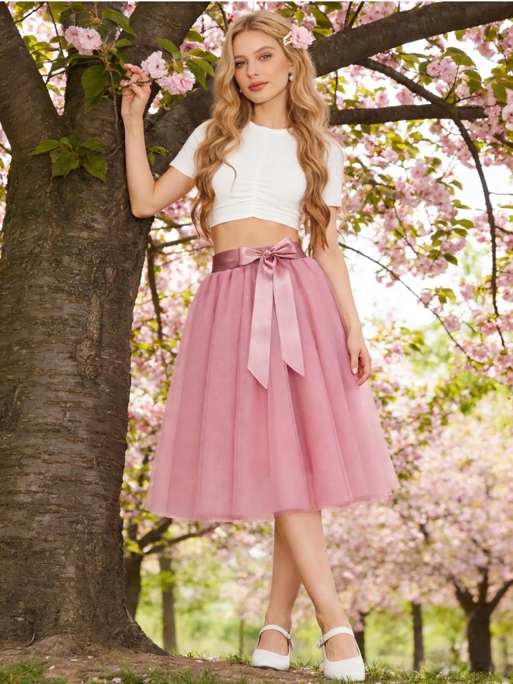 Elegant Pink Tulle Midi Skirt with Satin Waist Bow